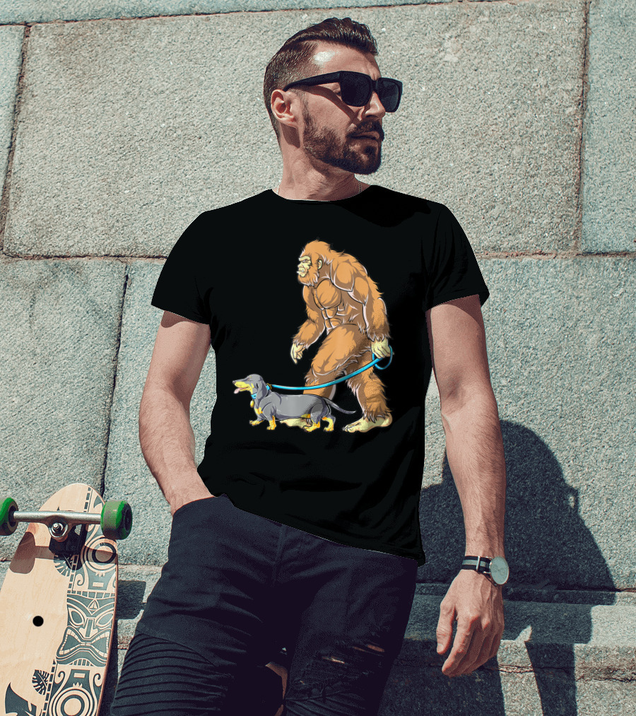 Bigfoot Sasquatch Walking Dachshund Dog T-Shirt