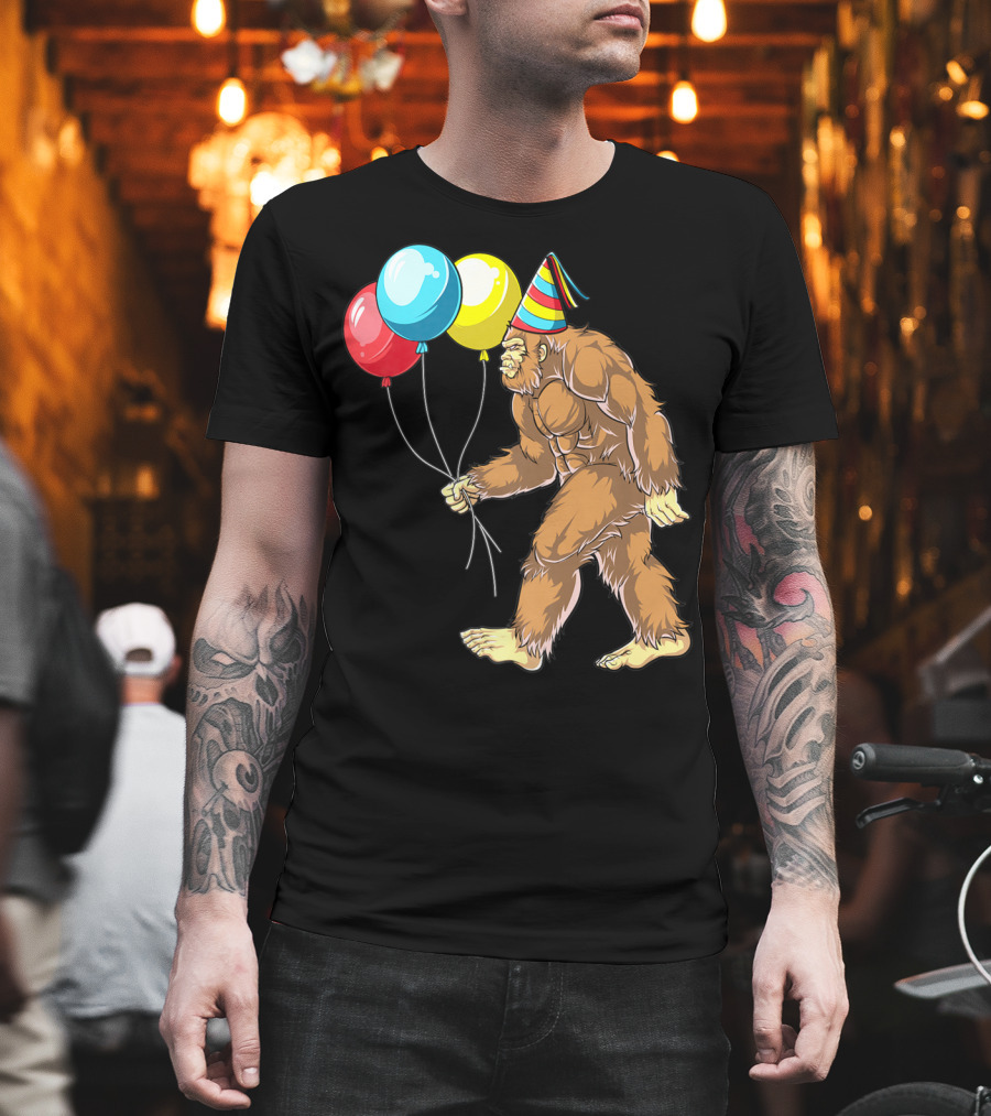 Bigfoot It's My Birthday Kids Boys Sasquatch Party With Balloons And Party Hat T-Shirt