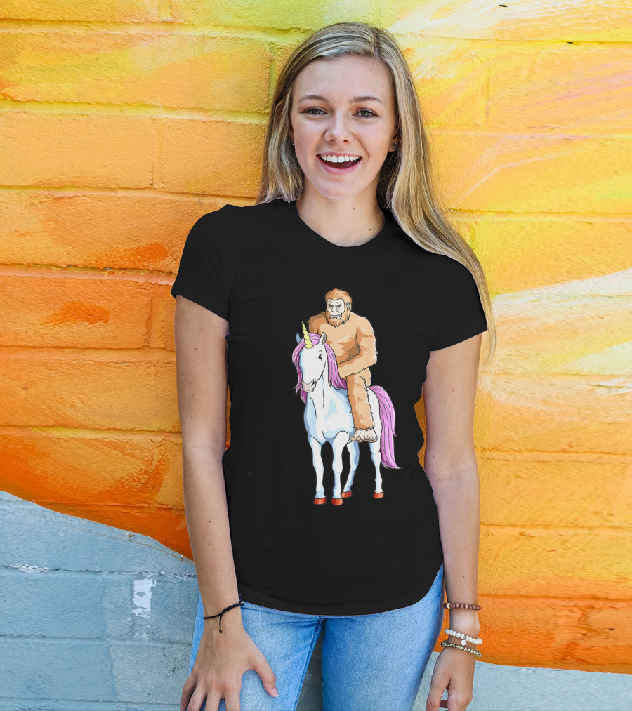 Bigfoot Sasquatch Riding Unicorn Mythical Creature Adventure T-Shirt