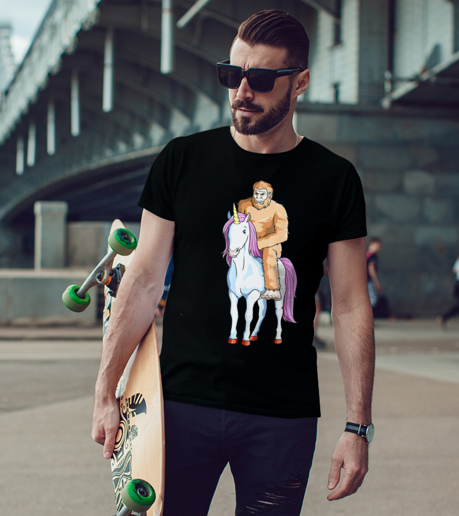 Bigfoot Sasquatch Riding Unicorn Mythical Creature Adventure T-Shirt