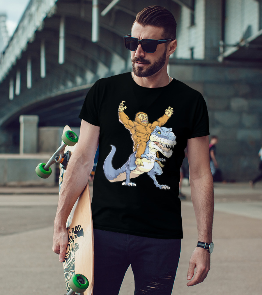 Bigfoot Sasquatch Riding Dinosaur Adventure T-Shirt