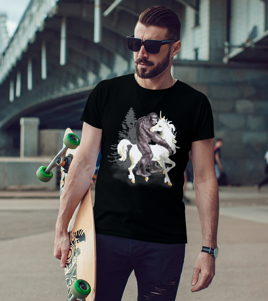 Bigfoot Sasquatch On A Unicorn In Mystical Forest Scene T-Shirt