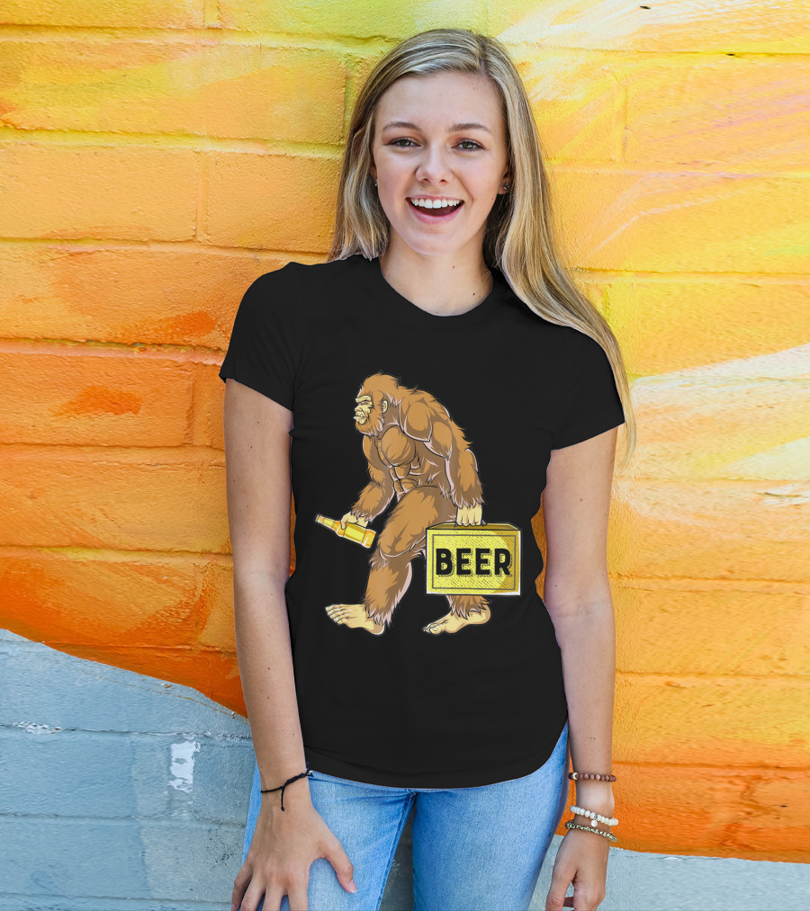 Bigfoot With Beer Funny Sasquatch Drinking Party Carrying Beer Box T-Shirt