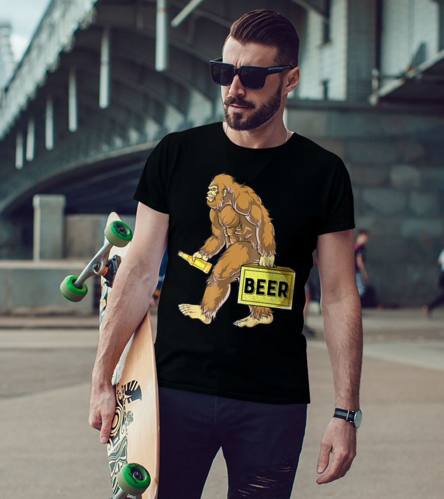 Bigfoot With Beer Funny Sasquatch Drinking Party Carrying Beer Box T-Shirt