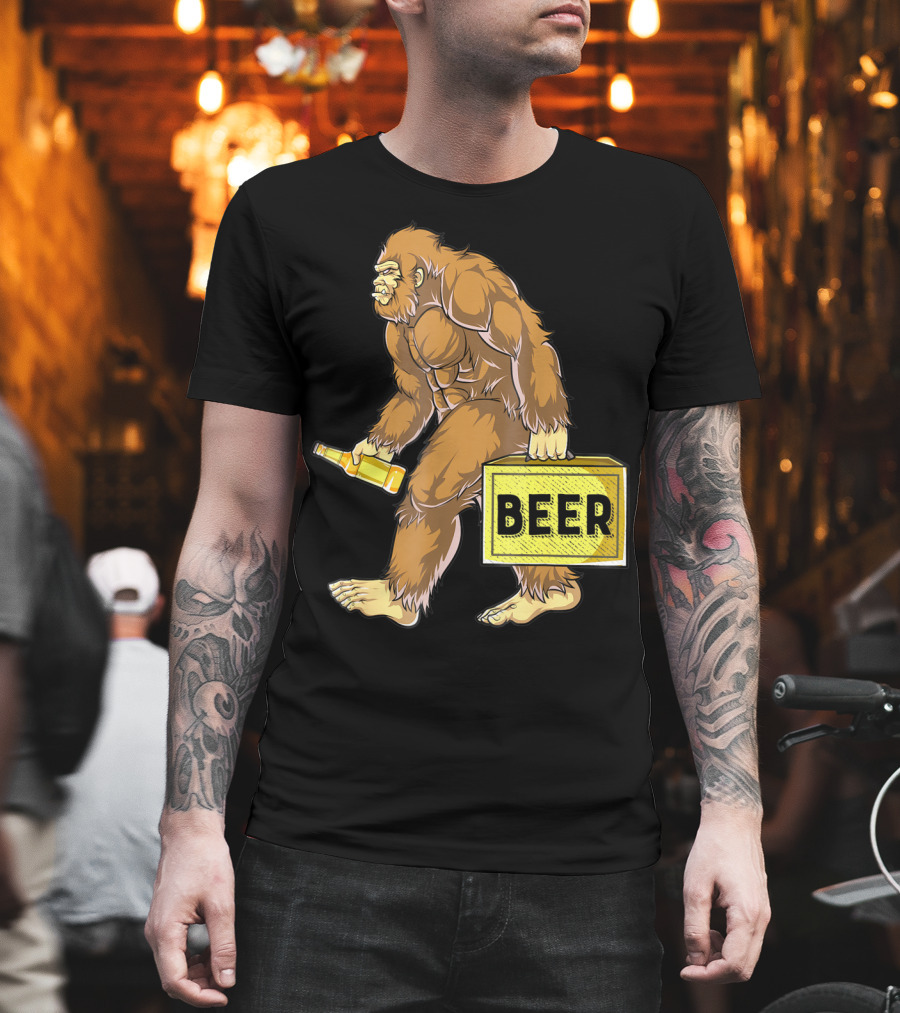 Bigfoot with Beer Funny Sasquatch Drinking Party Carrying Beer Box T-Shirt