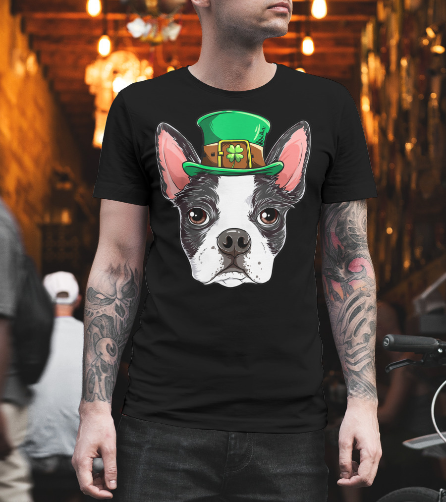 Boston Terrier St Patricks Day Leprechaun Dog with Green Hat T-Shirt