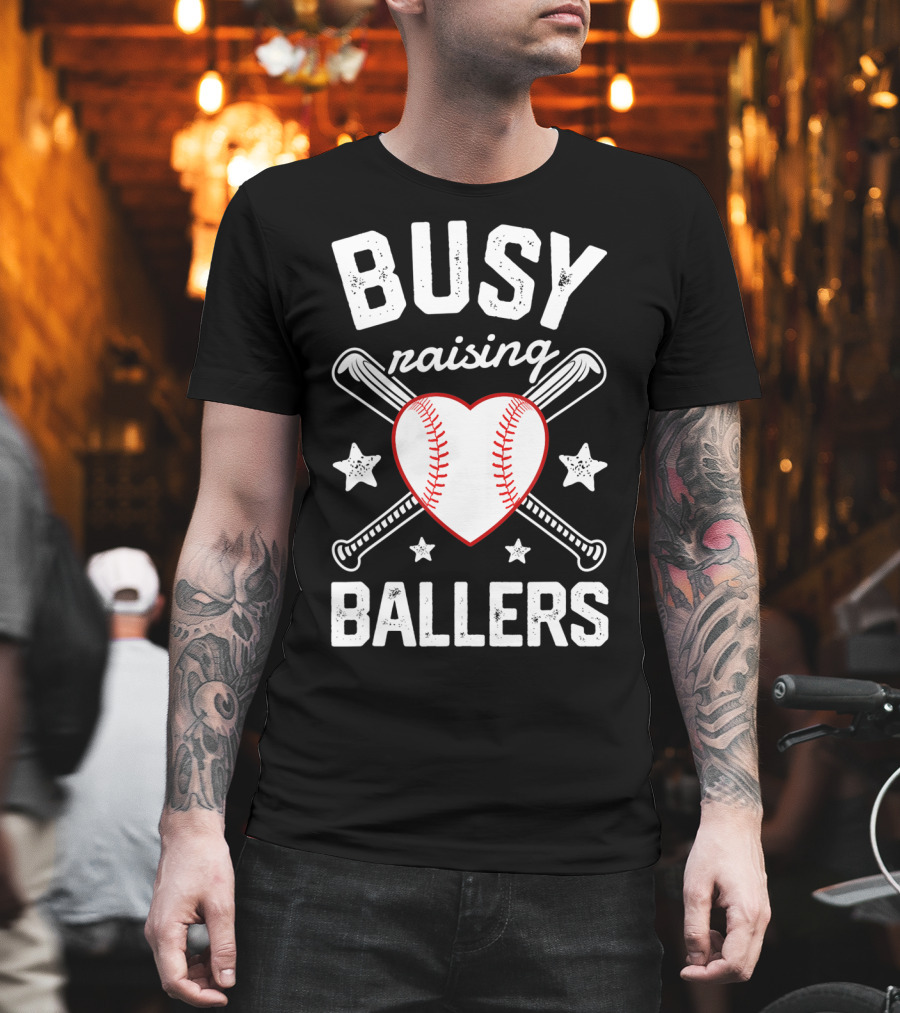 Busy Raising Ballers Heart Baseball and Bats with Stars T-Shirt