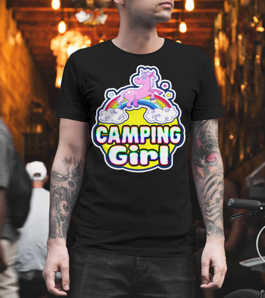 Camping Girl Rainbow Unicorn Cloud Adventure T-Shirt