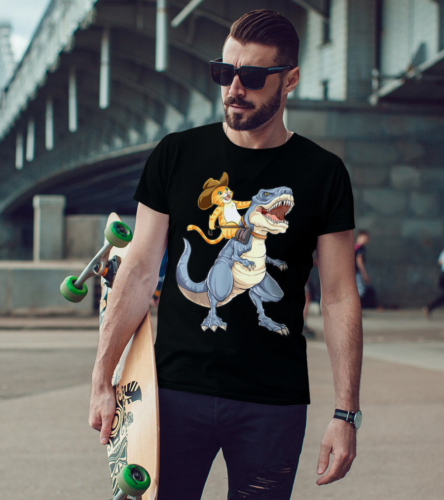 Cat In Cowboy Hat Riding Dinosaur Rex Purrassic Kitty Dino T-Shirt