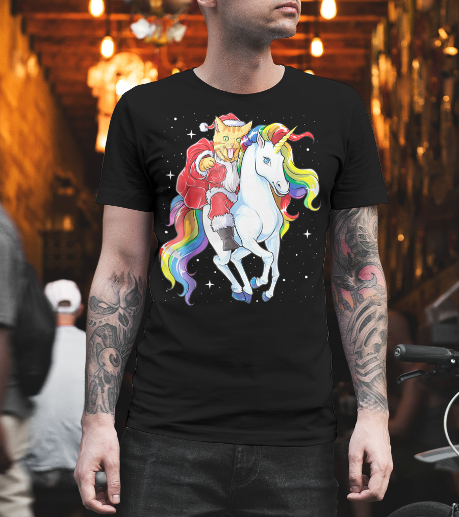 Meowy Cat Santa Riding Rainbow Unicorn Christmas Girls Women T-Shirt