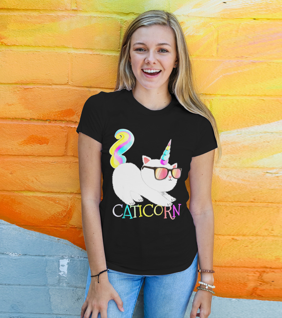 Caticorn Rainbow Unicorn Cat Girls Sunglasses Colorful Mane T-Shirt