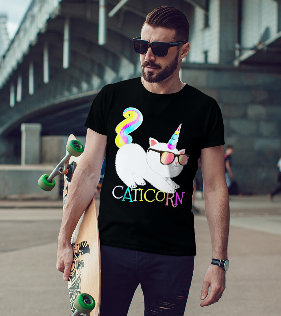 Caticorn Rainbow Unicorn Cat Girls Sunglasses Colorful Mane T-Shirt