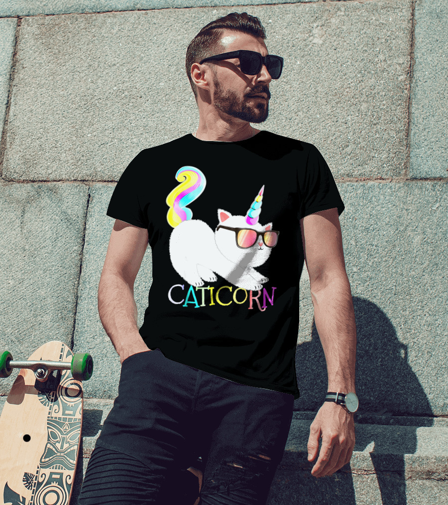 Caticorn Rainbow Unicorn Cat Girls Sunglasses Colorful Mane T-Shirt