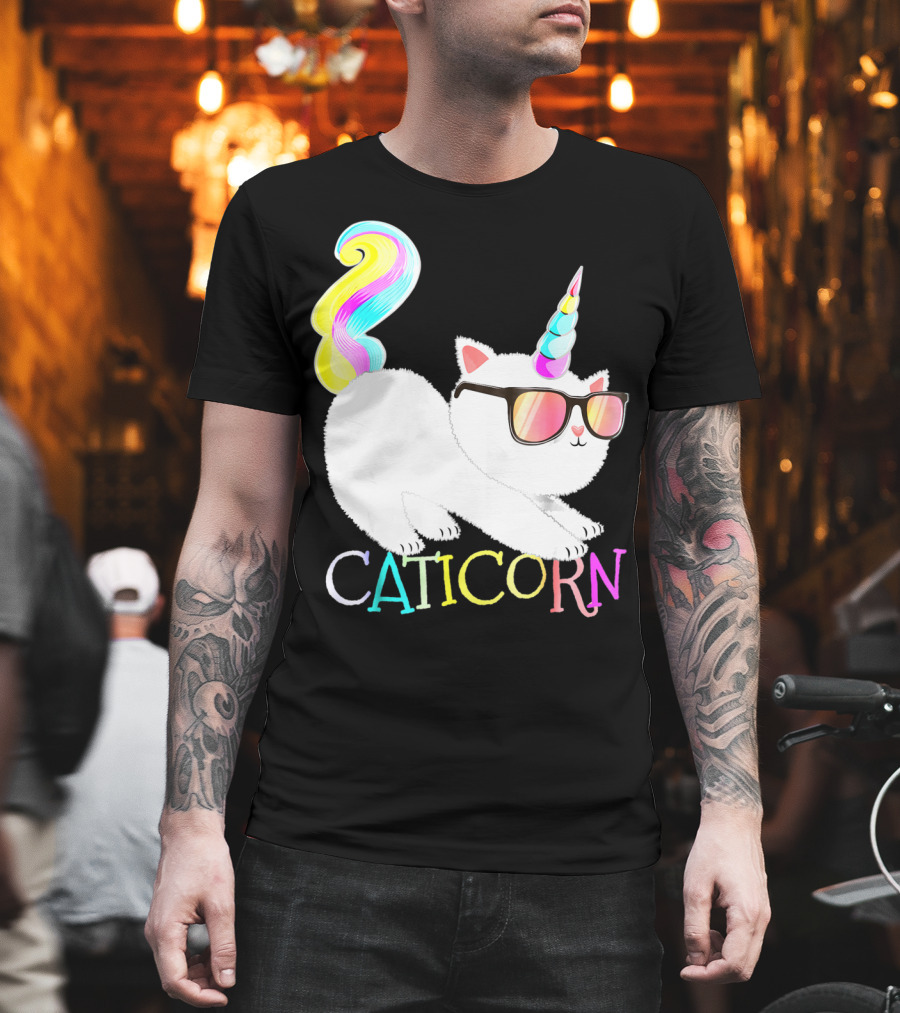 Caticorn Rainbow Unicorn Cat Girls Sunglasses Colorful Mane T-Shirt