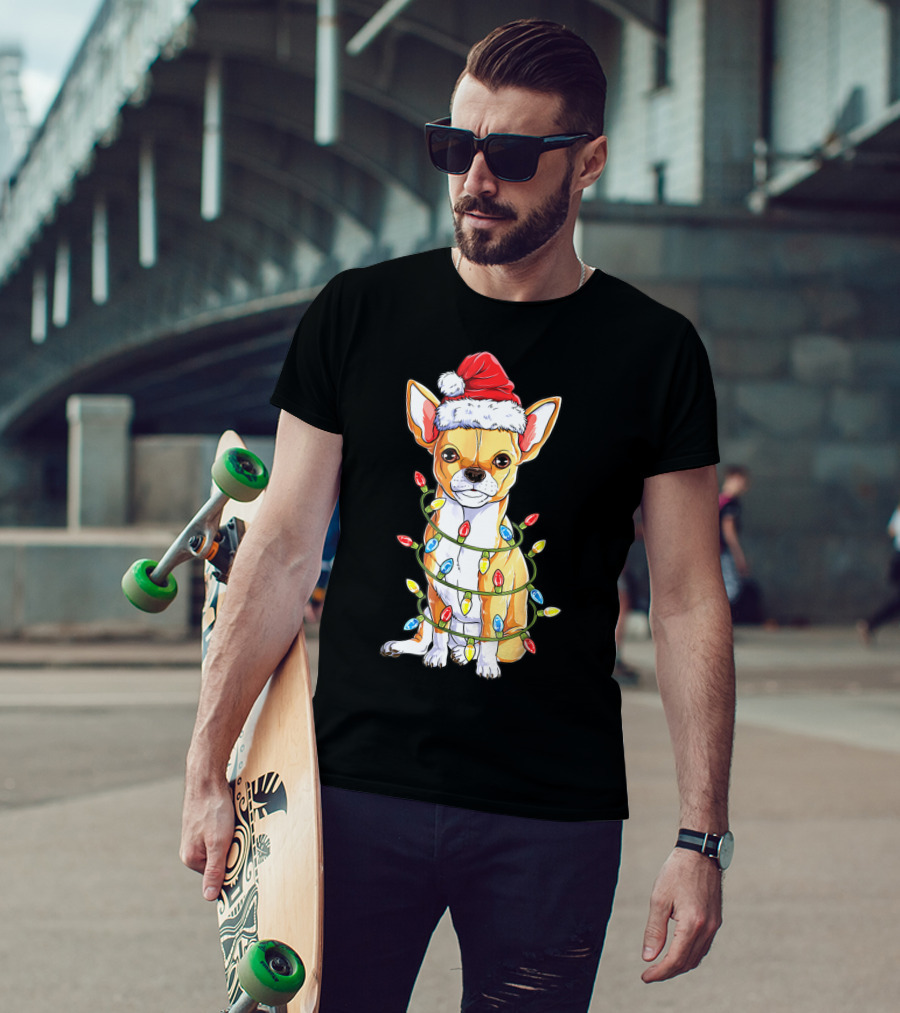Chihuahua Christmas Santa Hat Holiday Lights Dog T-Shirt