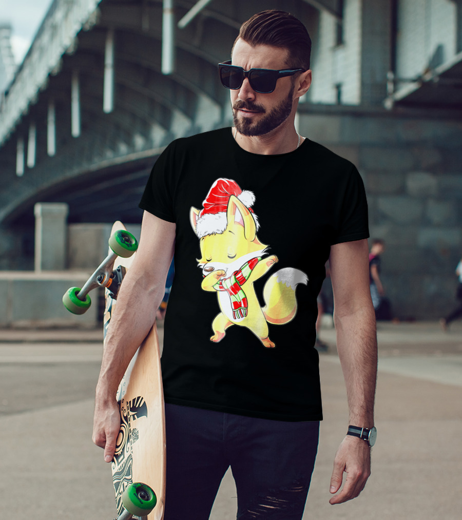 Christmas Fox Dabbing In Santa Hat And Scarf T-Shirt