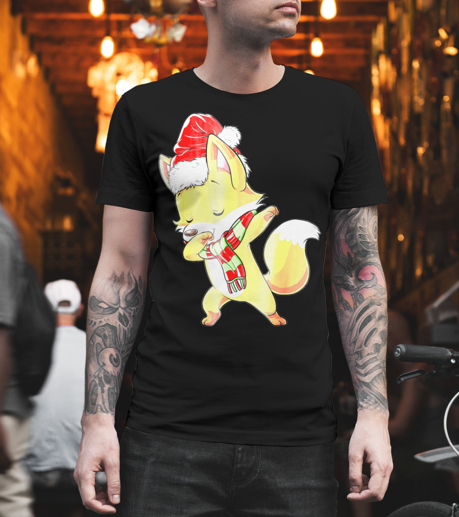 Christmas Fox Dabbing in Santa Hat and Scarf T-Shirt