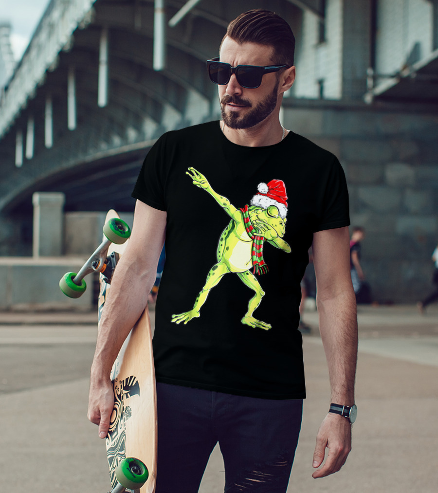 Dabbing Frog With Santa Hat And Scarf Christmas T-Shirt