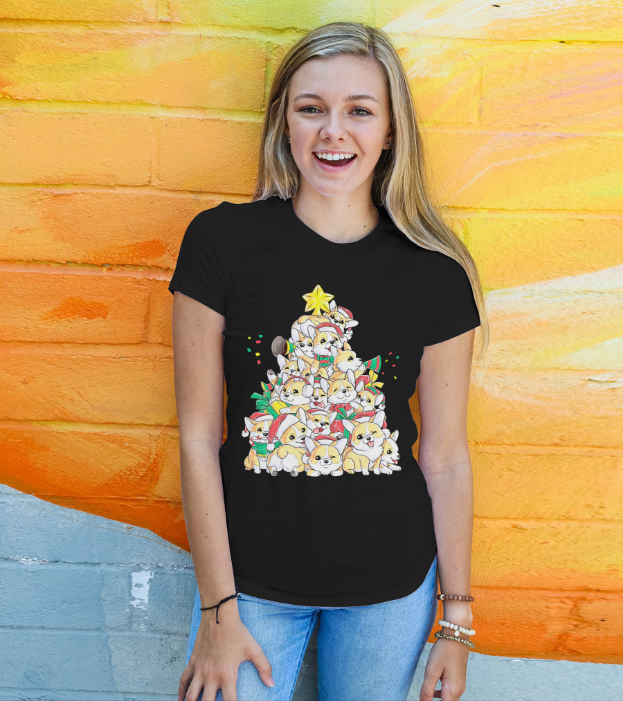 Corgi Christmas Merry Corgmas Xmas Tree Santa Hats T-Shirt