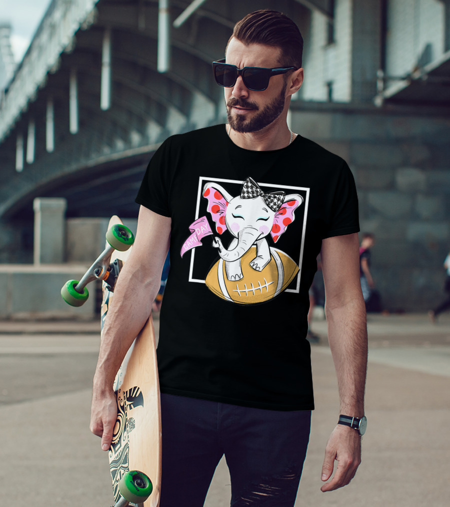 Game Day Elephant With Pink Flag And Houndstooth Bow On Football For Women And Girls Football T-Shirt