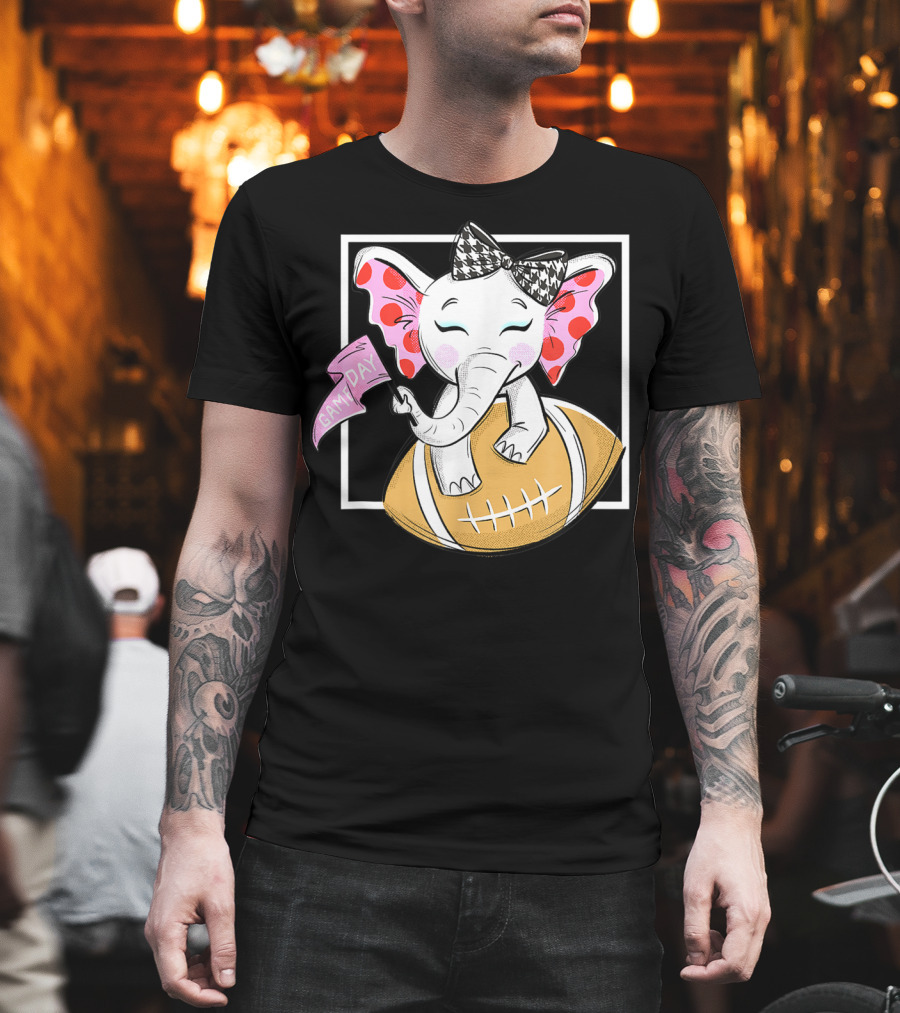 Game Day Elephant With Pink Flag And Houndstooth Bow On Football For Women And Girls Football T-Shirt