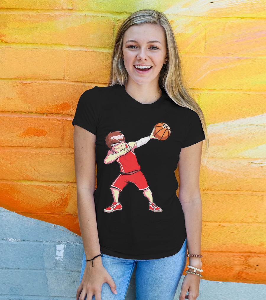 Dabbing Basketball Boy Dab Dance Player In Red Uniform Holding Ball T-Shirt