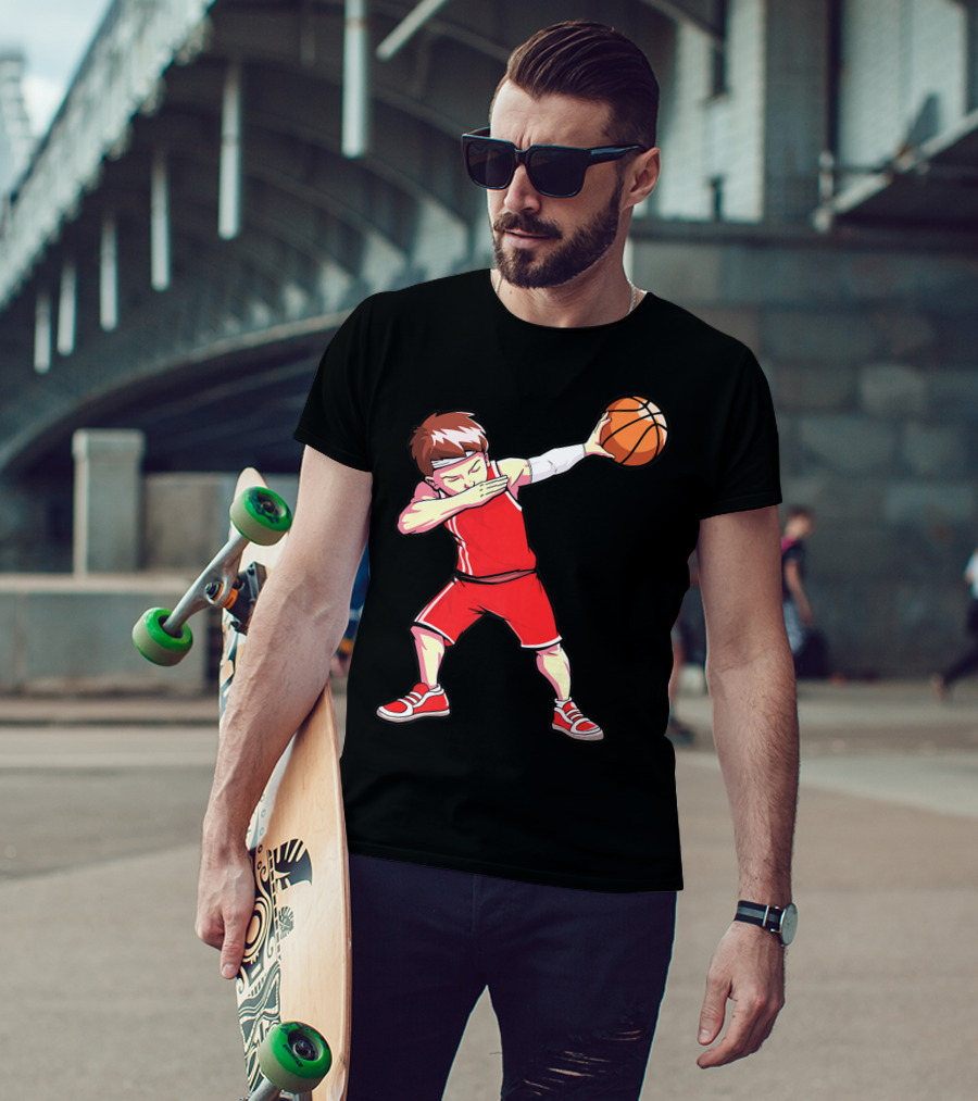 Dabbing Basketball Boy Dab Dance Player In Red Uniform Holding Ball T-Shirt