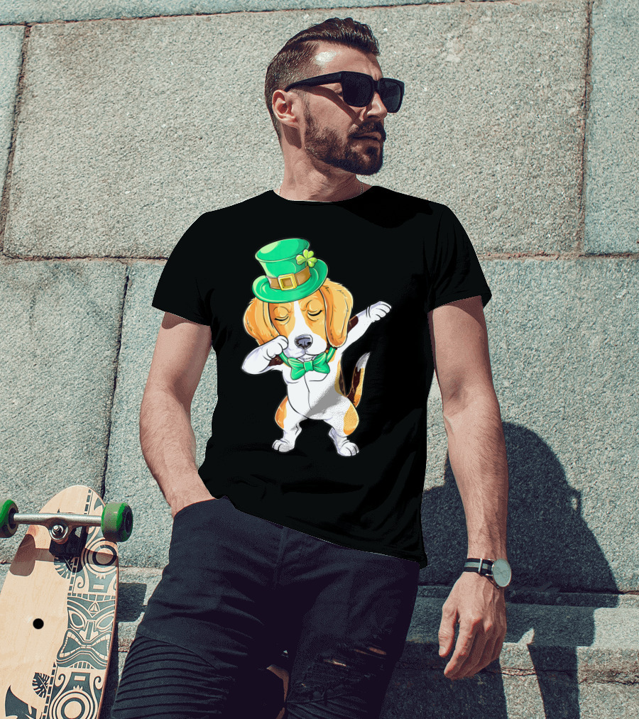 Dabbing Beagle In St Patricks Day Leprechaun Hat And Bowtie T-Shirt