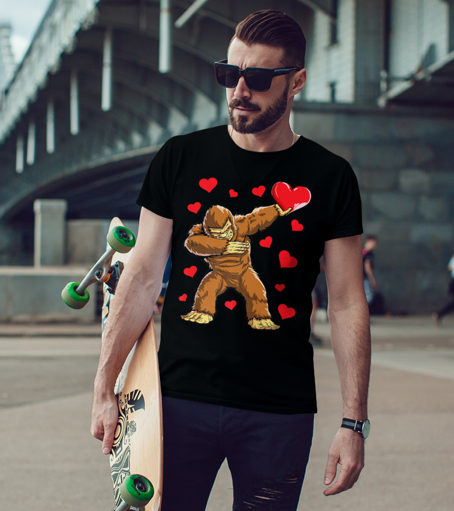 Dabbing Bigfoot With Heart Valentine's Day Boys Men Love T-Shirt
