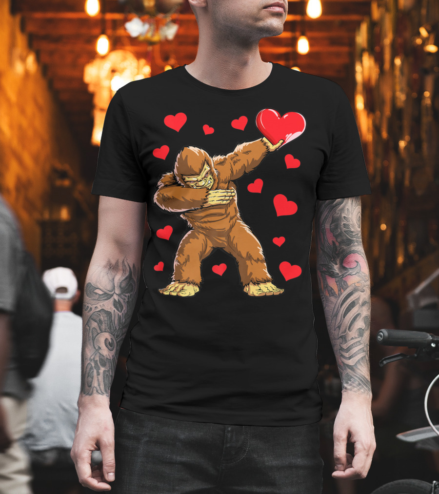 Dabbing Bigfoot With Heart Valentine's Day Boys Men Love T-Shirt