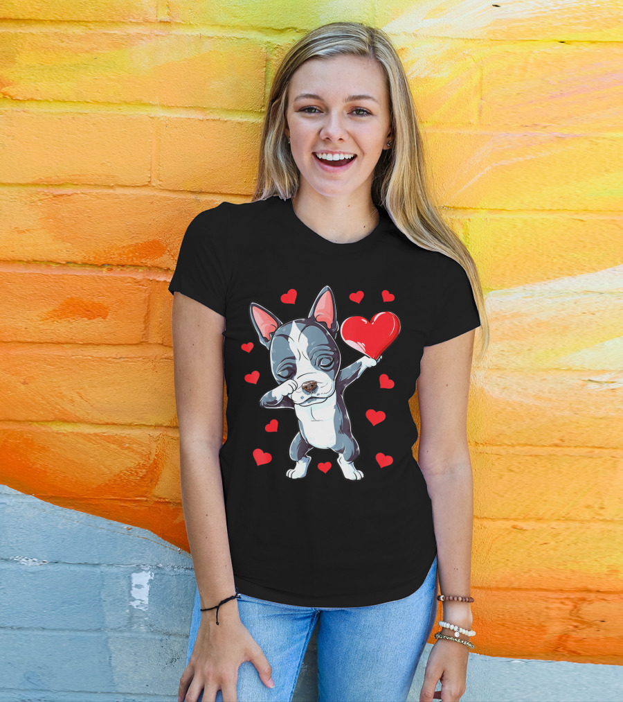 Boston Terrier Dabbing Heart Valentine's Day Dog T-Shirt