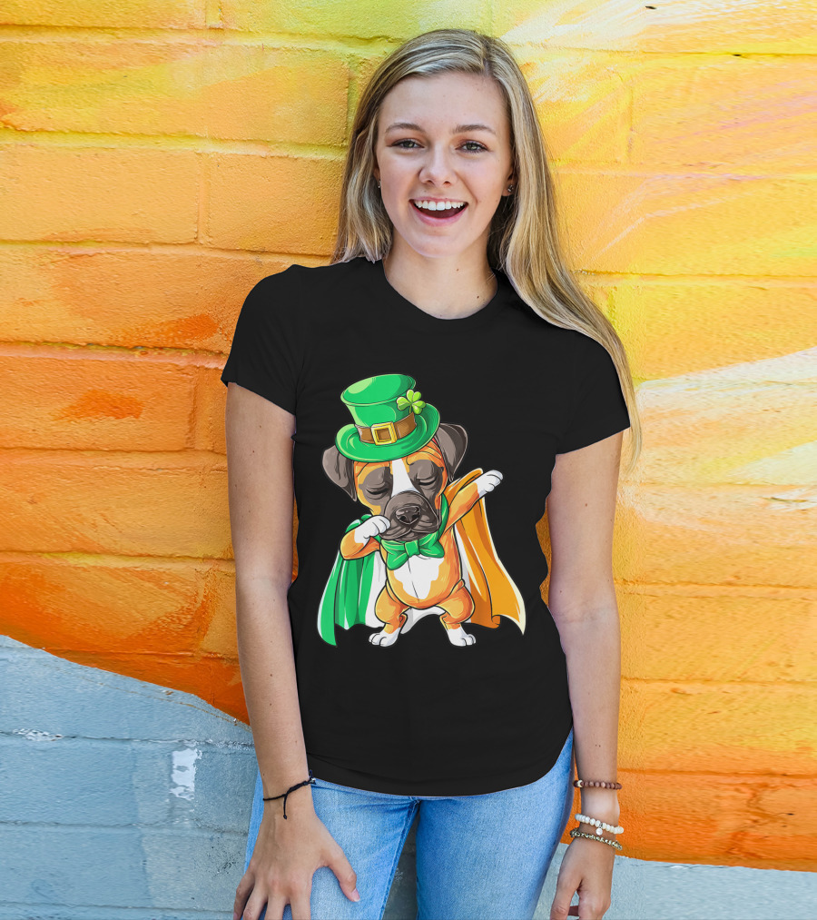 Dabbing Boxer Puppy St Patricks Day Leprechaun Costume Irish Flag T-Shirt