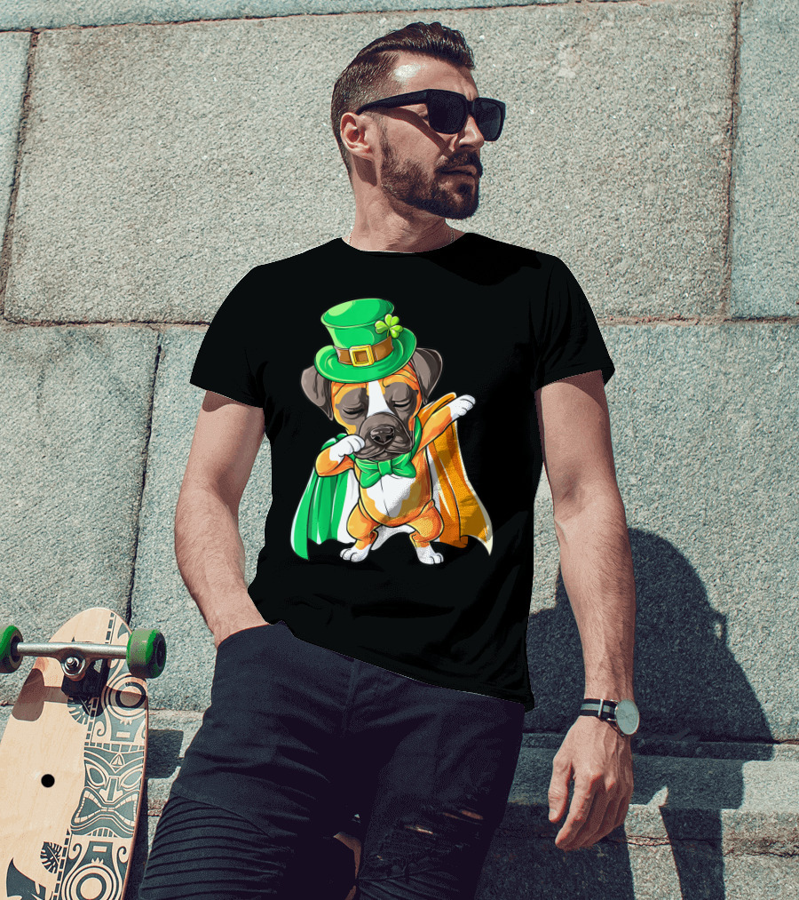 Dabbing Boxer Puppy St Patricks Day Leprechaun Costume Irish Flag T-Shirt