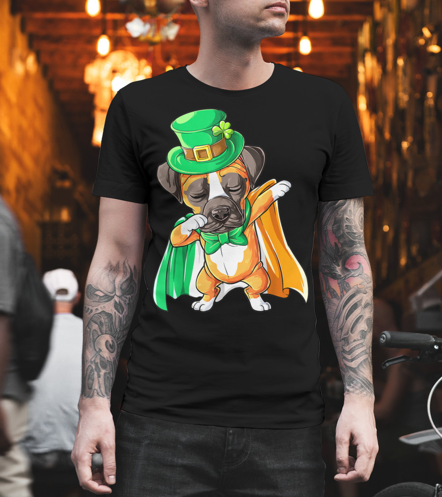 Dabbing Boxer Puppy St Patricks Day Leprechaun Costume Irish Flag T-Shirt