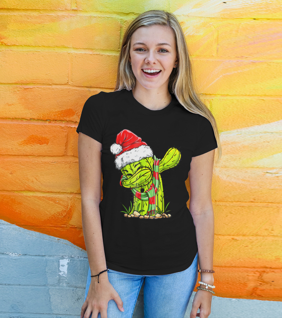 Dabbing Cactus Santa Christmas Hat And Scarf T-Shirt