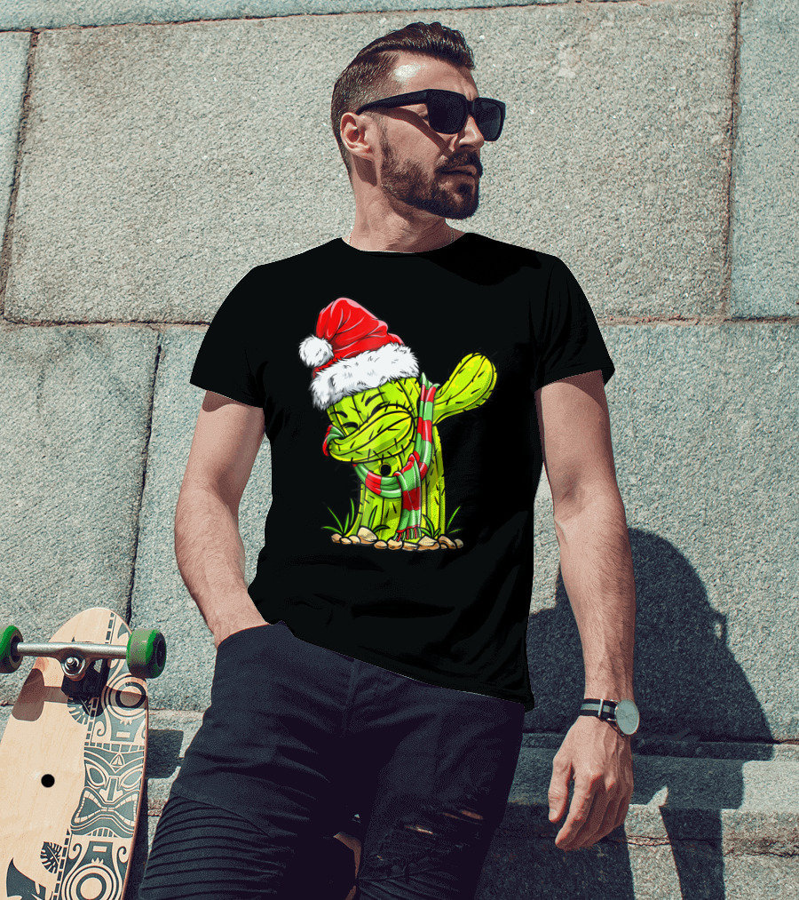 Dabbing Cactus Santa Christmas Hat And Scarf T-Shirt