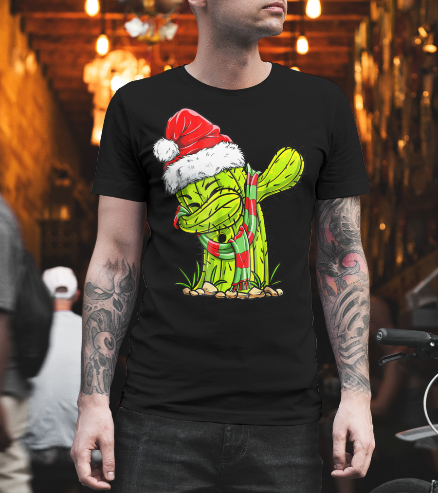 Dabbing Cactus Santa Christmas Hat and Scarf T-Shirt