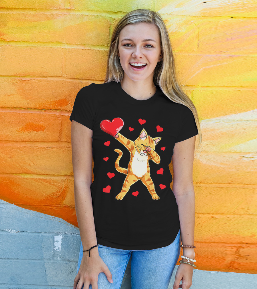 Cute Dabbing Cat With Hearts For Valentine's Day Kitten Lovers T-Shirt