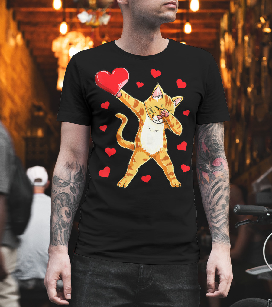Cute Dabbing Cat with Hearts for Valentine's Day Kitten Lovers T-Shirt