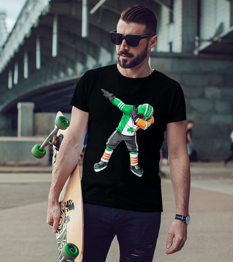 St Patricks Day Ireland Flag Dabbing Hockey Player Irish Shamrock T-Shirt