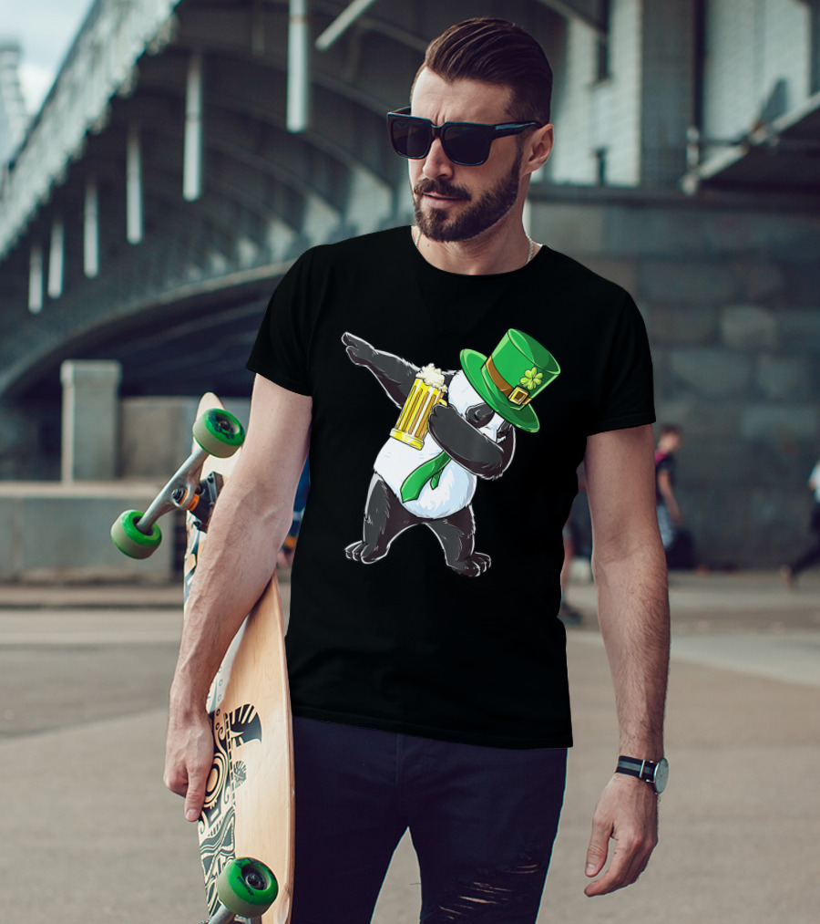 Dabbing Panda With Green Leprechaun Hat And Beer T-Shirt