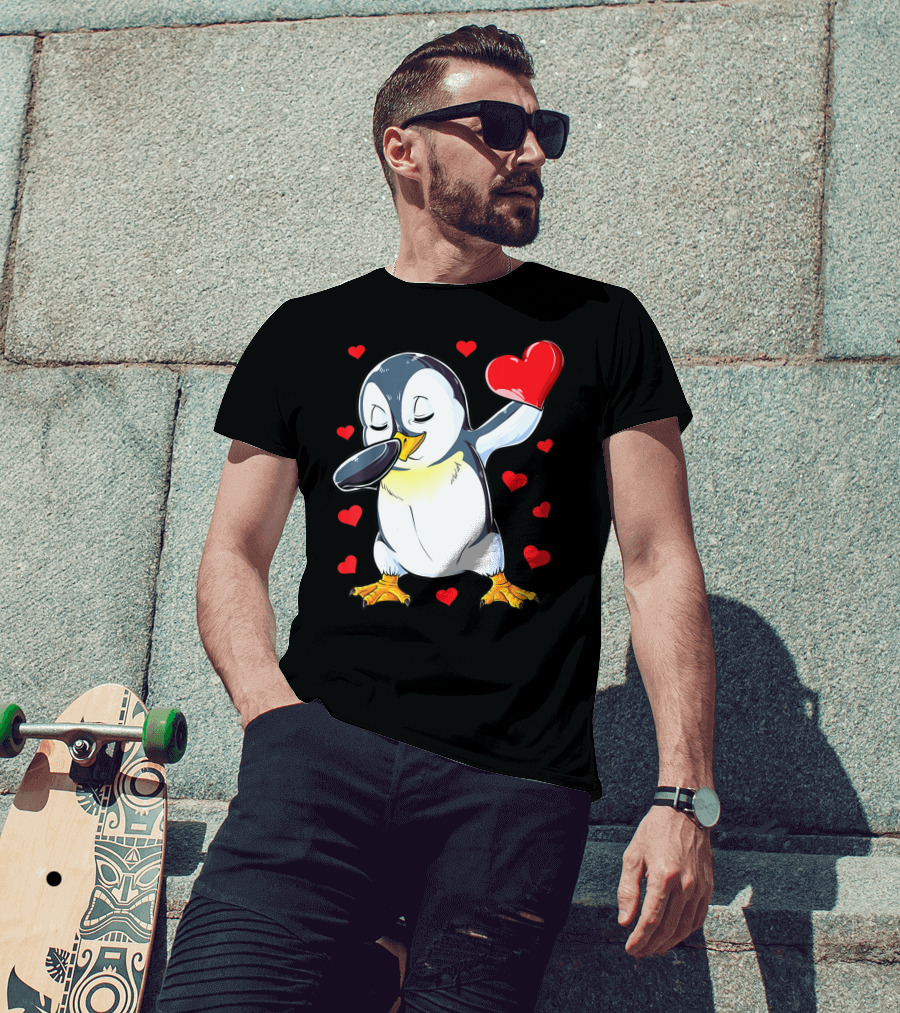 Dabbing Penguin Holding Heart Surrounded By Valentine Hearts T-Shirt