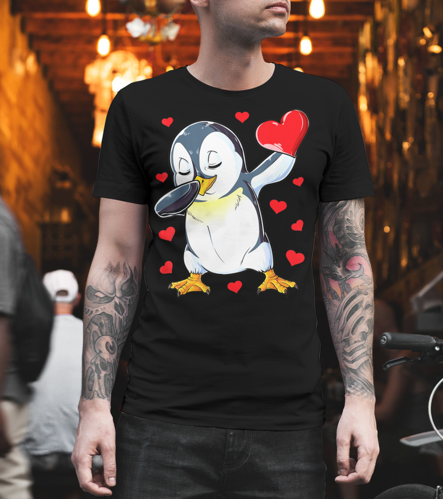 Dabbing Penguin Holding Heart Surrounded by Valentine Hearts T-Shirt