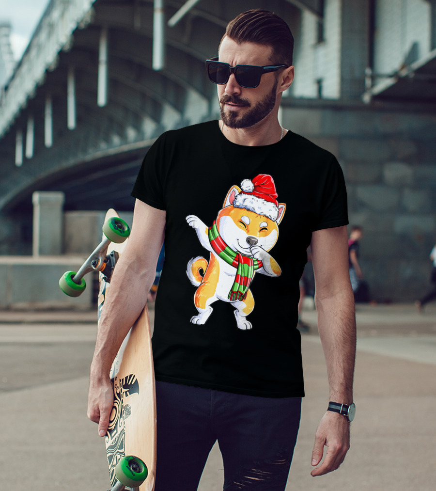 Dabbing Shiba Inu Santa Christmas Scarf Dance T-Shirt
