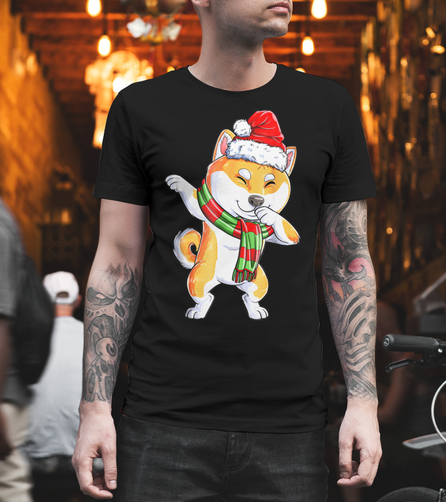 Dabbing Shiba Inu Santa Christmas Scarf Dance T-Shirt