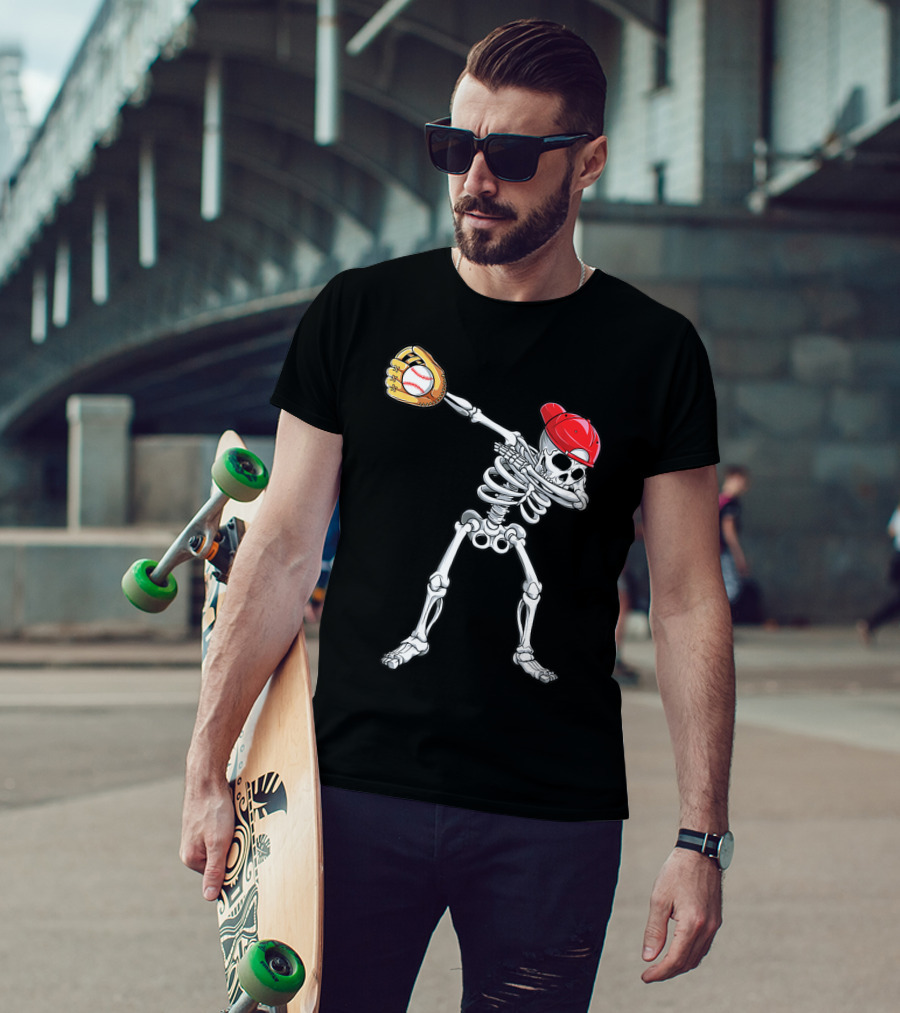Dabbing Skeleton Baseball Halloween Boys Red Hat T-Shirt