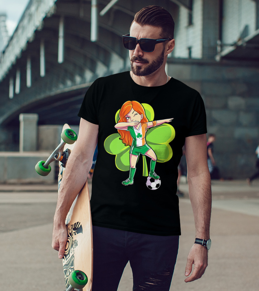 Dabbing Soccer Girl St Patricks Day Irish Shamrock T-Shirt