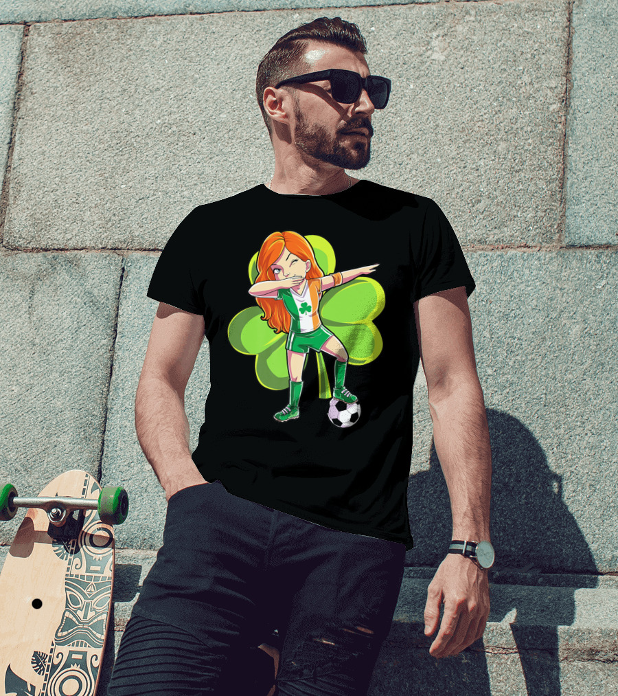 Dabbing Soccer Girl St Patricks Day Irish Shamrock T-Shirt