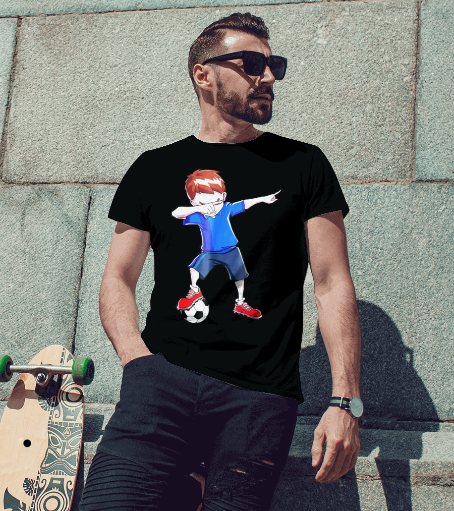 Dabbing Soccer Dab Funny Football Kid In Blue Shirt And Red Shoes T-Shirt