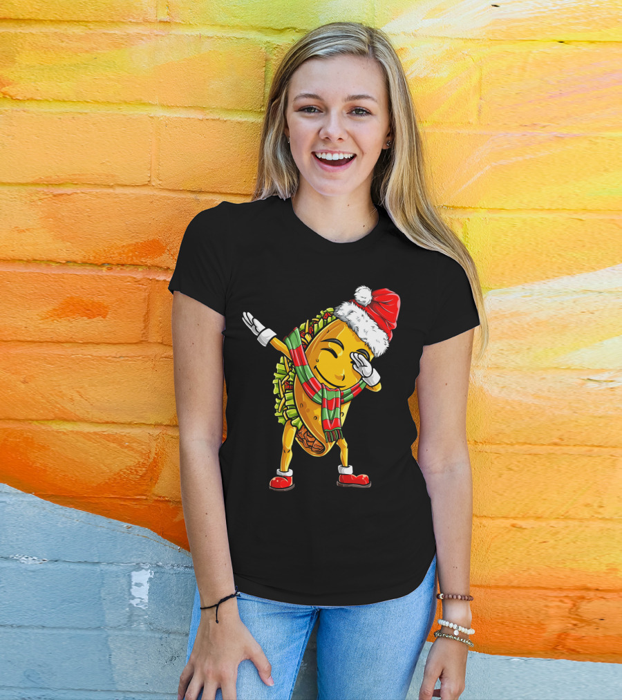 Dabbing Santa Taco With Christmas Hat And Scarf T-Shirt